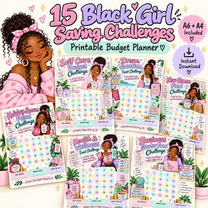 May include: A set of 15 printable budget planner sheets featuring Black girl illustrations. The collection includes challenges for self-care, dream vacations, new homes, holidays, health, and business, with numbered circles and goal tracking fields.