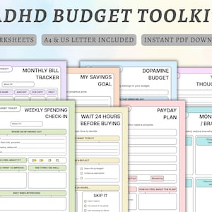 May include: ADHD Budget Toolkit with 8 worksheets, A4 & US Letter included, and instant PDF download. The worksheets include a monthly bill tracker, weekly spending check-in, and a payday plan. Other worksheets include a savings goal, dopamine budget, and money reset.