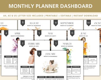 Monthly Planner Dashboard Printable, A4 A5 US Letter, 12 Month Dashboard Pages, Minimal Goal Planner, Monthly Intentions Vision Affirmations