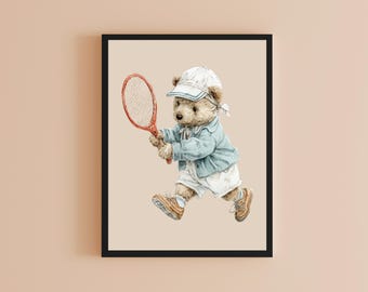 Vintage Teddy Bear Tennis Print: Sports Nursery Decor (Instant Download)