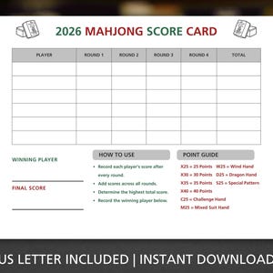 Referenstabell för amerikansk Mahjong, fusklappskort för Mahjong, utskrivbar handspårare för 2026, poängspårare, strategiguide för Mahjong.