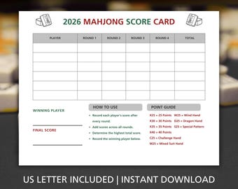 American Mahjong Reference Chart, Mahjong Cheat Sheet Card, 2026 Mahjong Hand Tracker Printable, Score Tracker, Mahjong Strategy Guide,