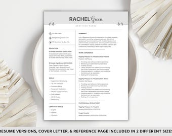 May include: A resume template with the name "Rachel Green" at the top, labeled "Certified Nurse." The resume includes sections for summary, education, work experience, skills, and language skills. The resume is on a white background.