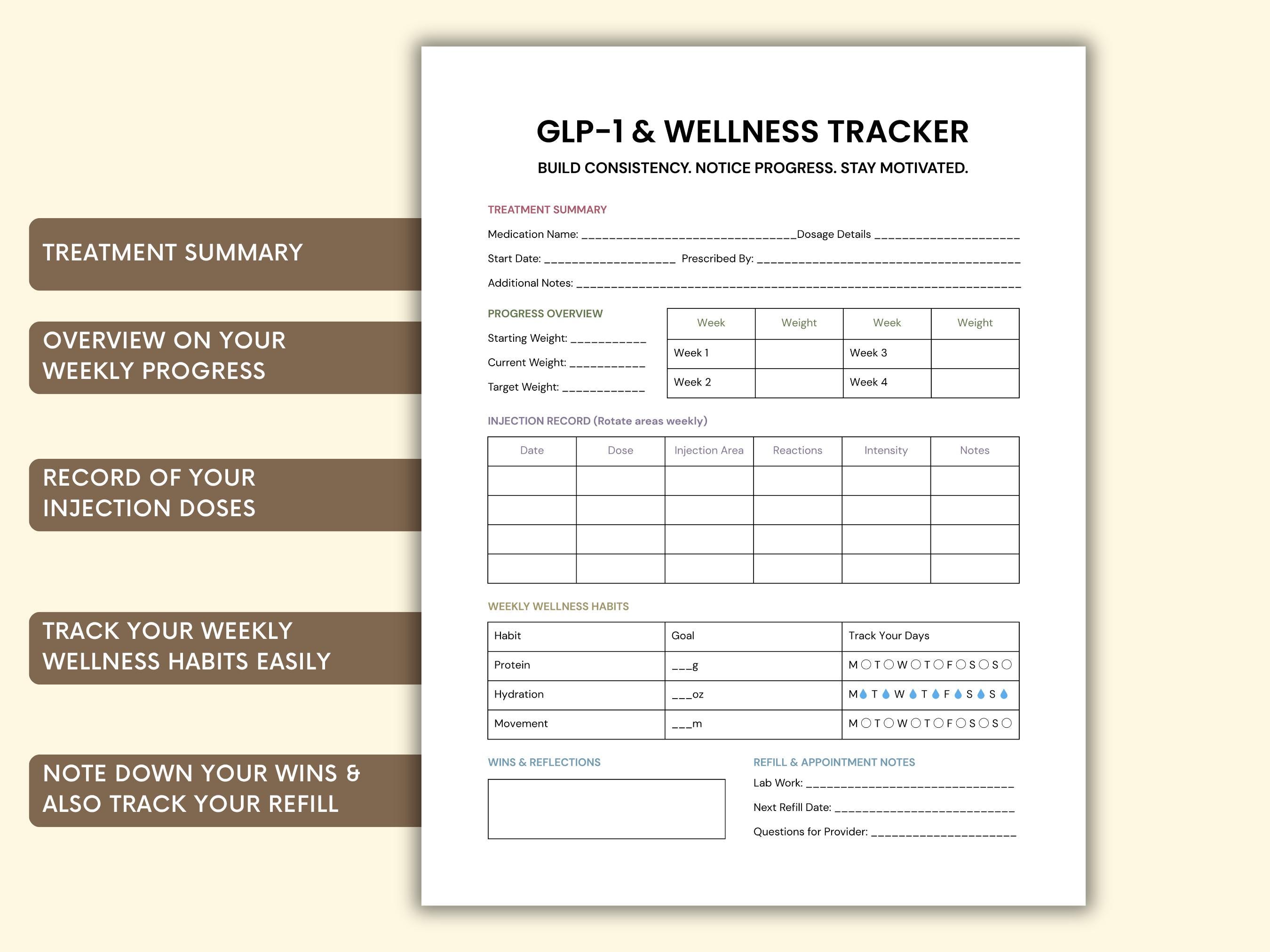 GLP-1 Wellness Tracker Printable PDF, Weight Loss Injection Tracker ...