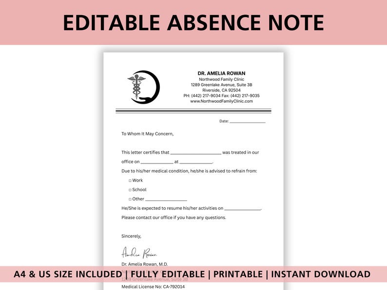 Editable Doctor's Note Template | Medical Excuse (A4, US Letter) - Etsy