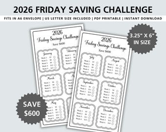 2026 Friday Savings Challenge Printable, Save 600 Money Challenge, A6 Envelope Cash Savings Tracker, PDF Printable Budget Planner