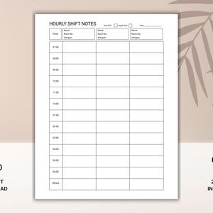 Peut inclure: Une feuille de notes de quart horaire imprimable blanche avec le texte "HOURLY SHIFT NOTES". La feuille comprend des sections pour l'heure, le nom, le numéro de chambre et les allergies. Les mots "INSTANT DOWNLOAD" et "2 SIZES INCLUDED" sont également visibles.