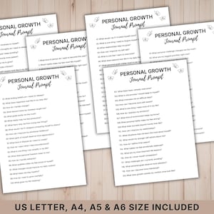 May include: A stack of white paper sheets with the text "PERSONAL GROWTH Journal Prompt" in black script. Each sheet contains numbered questions. Butterfly illustrations are at the top. The text "US LETTER, A4, A5 & A6 SIZE INCLUDED" is at the bottom.