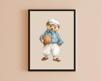 Football Teddy Bear Print: Vintage Sports Nursery Decor (Digital Download)