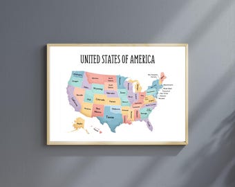 Póster de mapa de EE. UU.: Mapa de Estados Unidos en colores pastel, decoración de geografía para el aula (descarga digital)