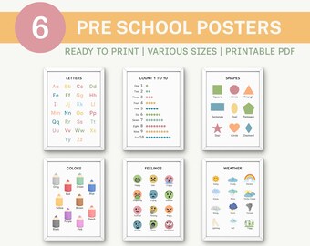 Set Of 6 Preschool Learning Posters Wall Art, Alphabet, Numbers, Shapes, Colors, Feelings, Weather, Alphabet, Numbers, Shapes, Colors (PDF)