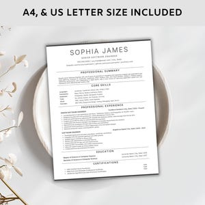 May include: A black and white resume template with the name "SOPHIA JAMES" and the title "SENIOR SOFTWARE ENGINEER" at the top. The text "A4, & US LETTER SIZE INCLUDED" is at the top. The resume includes sections for professional summary, core skills, professional experience, education, and certifications.