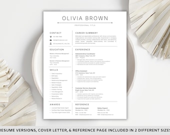 May include: A clean, minimalist resume template with the name "OLIVIA BROWN" at the top. The resume includes sections for contact information, education, skills, experience, and references. The text "RESUME VERSIONS, COVER LETTER, & REFERENCE PAGE INCLUDED IN 2 DIFFERENT SIZES" is at the bottom.