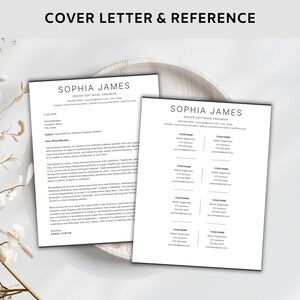 May include: Two white resume templates with the name "SOPHIA JAMES" at the top. The left document is a cover letter, and the right is a reference sheet. The text "COVER LETTER & REFERENCE" is at the top. The documents are on a white surface.