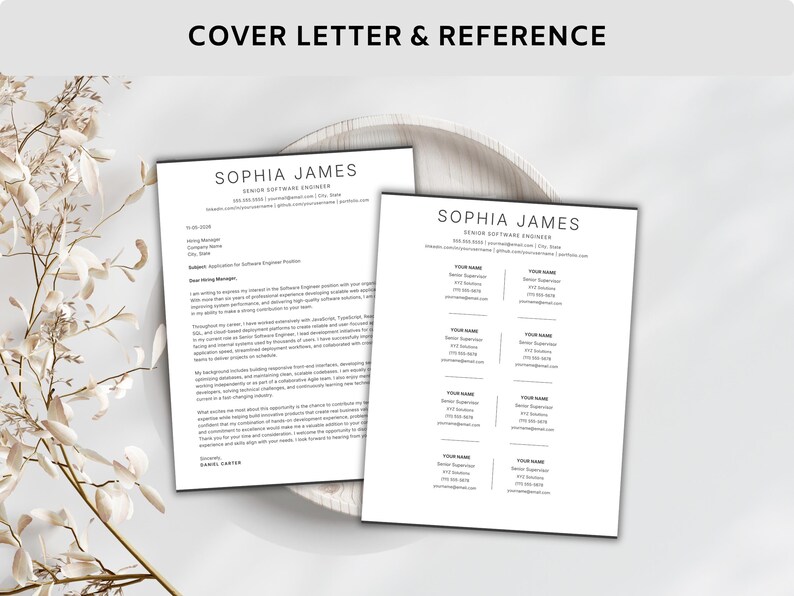 May include: Two white resume templates with the name "SOPHIA JAMES" at the top. The left document is a cover letter, and the right is a reference sheet. The text "COVER LETTER & REFERENCE" is at the top. The documents are on a white surface.