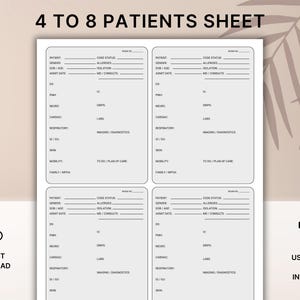 Op de afbeelding: Een witte 4 tot 8 patiënten sheet met medische informati velden. De sheet bevat secties voor patiëntgegevens, codestatus, allergieën en meer. De tekst "Direct downloaden" en "US Letter formaat inbegrepen" zijn ook zichtbaar.