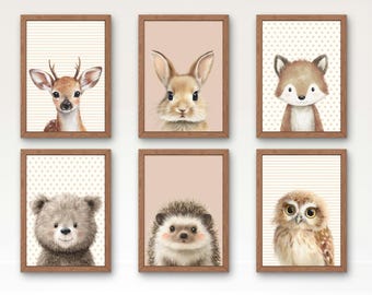 Woodland Animal Nursery Wall Art Prints, Baby Animal Set of 6, Printable Wall Art Bundle, New parents & Baby Gift Wall Art, Digital Download