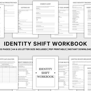 Könnte beinhalten: Eine Sammlung weißer Papierseiten mit schwarzem Text, die das "IDENTITY SHIFT WORKBOOK" bilden. Die Seiten enthalten Abschnitte wie "Confidence & Strengths Page" und "Energy Audit". Das Arbeitsbuch ist in A4- und US-Letter-Größe erhältlich und als PDF druckbar.
