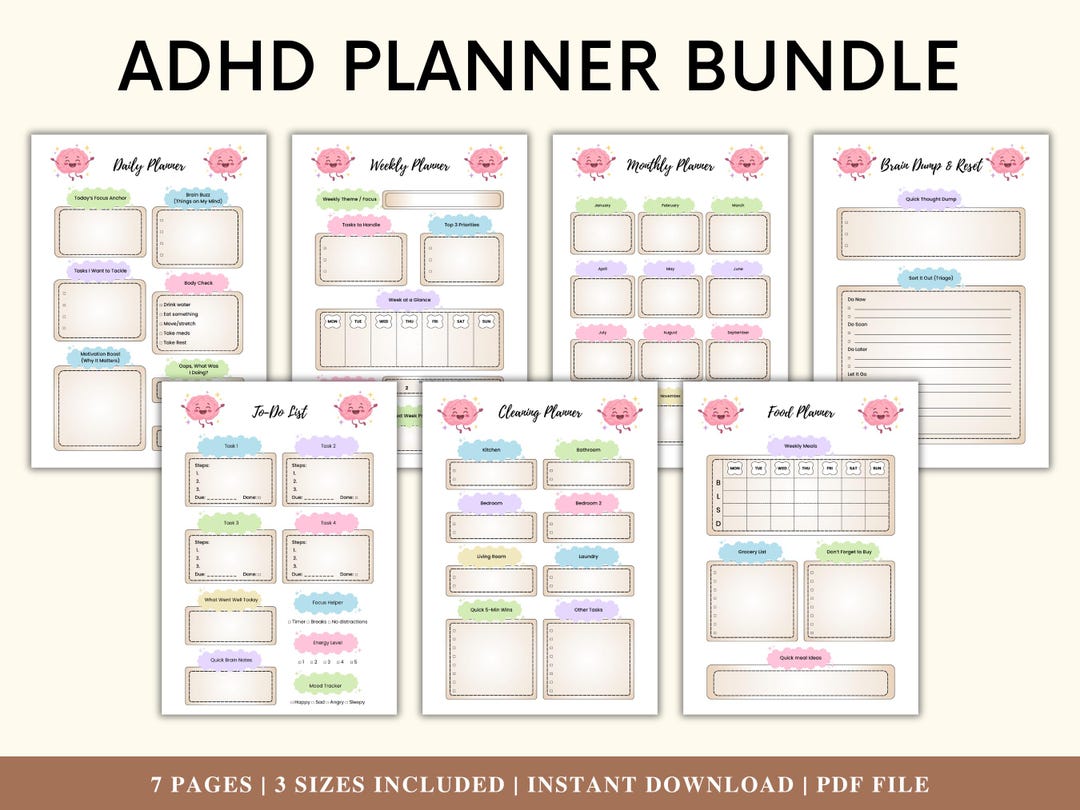 ADHD Planner Bundle Printable PDF, Daily Weekly Monthly Journal ...