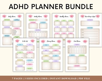 ADHD Planner Bundle Printable PDF, Daily Weekly Monthly Journal, Neurodivergent Worksheet, ADHD Organizer for Adults Kids