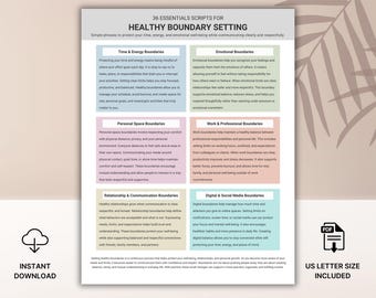 Healthy Boundary Scripts, Therapy & counseling support Worksheet, Anxiety stress management, Personal growth self-improvement Printable PDF