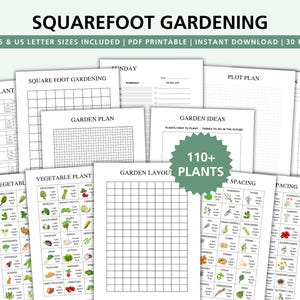 Op de afbeelding: Een verzameling afdrukbare pagina's voor tuinplanners. De pagina's bevatten tuinplannen, plantafstandsgidsen en groenteplanttabellen. De titel "Squarefoot Gardening" staat bovenaan. De afbeelding bevat een groene cirkel met de tekst "110+ PLANTS".