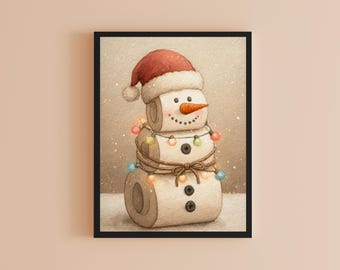 Toilet Paper Snowman Christmas Art Print, Whimsical Bathroom Decor, Seasonal wall art, Printable bathroom humor (Instant Download)