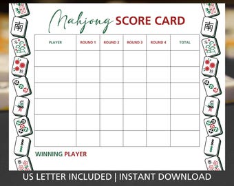 Mahjong Score Card Printable, Mahjong Score Sheet PDF, US Letter Mahjong Tally Tracker, Game Night Scorecard Instant Download