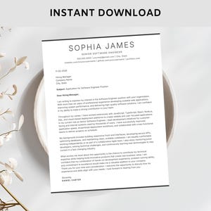 May include: A white resume template with the name "SOPHIA JAMES" at the top, labeled "SENIOR SOFTWARE ENGINEER." The text "INSTANT DOWNLOAD" is at the top. The resume is on a white plate with dried flowers.