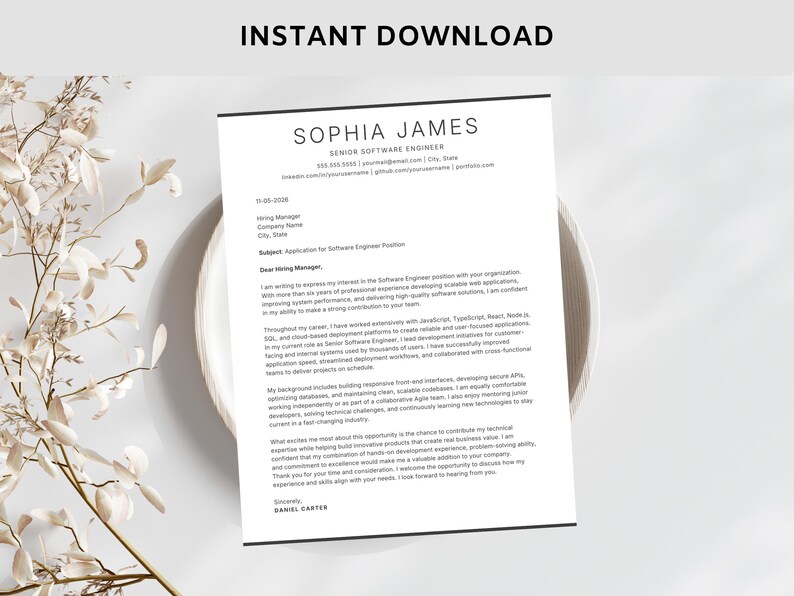 May include: A white resume template with the name "SOPHIA JAMES" at the top, labeled "SENIOR SOFTWARE ENGINEER." The text "INSTANT DOWNLOAD" is at the top. The resume is on a white plate with dried flowers.