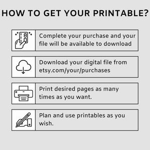 May include: A graphic with the text "HOW TO GET YOUR PRINTABLE?" and instructions: complete purchase, download from etsy.com/your/purchases, print pages, and plan/use printables. The image has a light gray background.