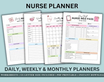 Nurse Planner Printable, Daily Weekly Monthly Nurse Shift Planner, Nurse Med Pass Sheet, 8 Worksheets, US Letter PDF