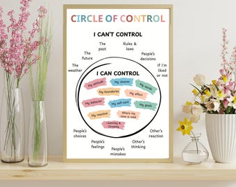 May include: A framed poster titled "Circle of Control" with text in black and colorful accents. The poster is divided into "I Can't Control" and "I Can Control" sections, listing various aspects of life. The poster is displayed on a wooden shelf.