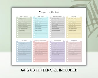 Master To-Do List Printable, Daily Task Planner, Productivity Checklist (A4 US Letter)