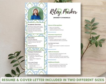 May include: A resume and cover letter template with a photo of a person in the upper left corner. The resume includes sections for academic overview, education, campus involvement, honors, volunteer experience, skills, and interests. The text "Resume & Cover Letter Included in Two Different Sizes" is at the bottom.