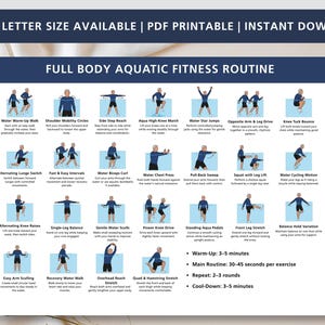 May include: A printable PDF chart titled FULL BODY AQUATIC FITNESS ROUTINE featuring twenty-four illustrated exercises with text descriptions, including warm-up and cool-down instructions, available in A4 and US letter size for instant download.
