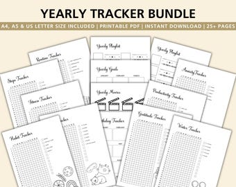 May include: A collection of printable yearly tracker pages, including habit, fitness, and gratitude trackers. The pages are in black and white and feature various layouts for planning and organization. The title "YEARLY TRACKER BUNDLE" is at the top.