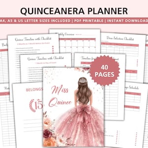 May include: A Quinceanera planner with various checklists and timelines. The cover features a watercolor illustration of a girl in a pink gown. The planner includes 40 pages and is available in A4, A5, and US Letter sizes.