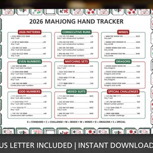 May include: A white 2026 Mahjong hand tracker score sheet with a border of Mahjong tiles. The grid contains categories for patterns, runs, winds, numbers, sets, and challenges with point values. Text at the bottom reads US LETTER INCLUDED | INSTANT DOWNLOAD.
