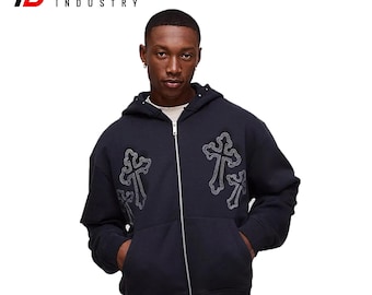 Oversized Y2K Cross Graphic Zip-Up Hoodie | Vintage Washed Black Embroidered Streetwear Jacket