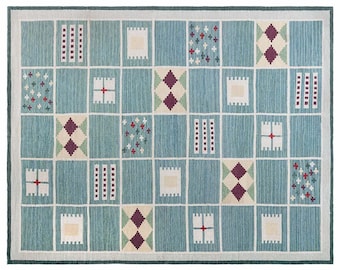 Hand Woven Sage Green Dhurrie Rug - Modern Geometric Patchwork Wool Carpet - Custom Area Rug.