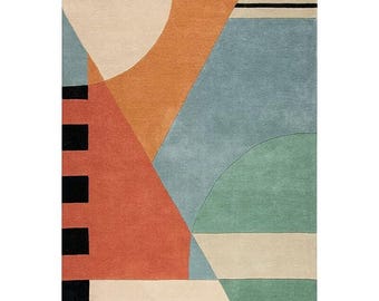 Hand Tufted Wool Area Rug, Abstract Geometric Color Block, Modern Home Decor