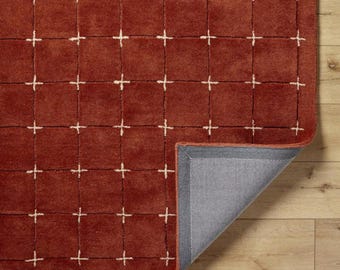 Tappeto geometrico in lana trapuntato a mano / Tappeto minimalista a griglia color arancio ruggine / Terracotta personalizzata