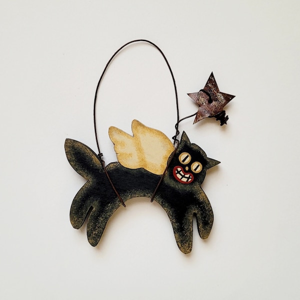 Angel Cat - Flying Cat Ornament - Cat Decor - Cat Ornament - Black Cat Decor - Primitive Halloween Ornament - Black Cat Ornament - Black Cat