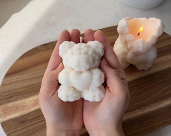 Velas artesanais em formato de ursinho de pelúcia com coração | Vela em formato de urso feita com cera de colza | Presentes especiais para mulheres