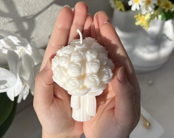 Rose Bouquet Candle – Romantic valentines gift , Vegan Rapeseed Wax, Unscented, Natural White | Handmade Flower Candle