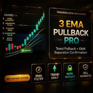May include: A digital graphic with a black background displays a trading indicator. The text reads "3 EMA PULLBACK PRO" with a chart showing green and red bars. Additional icons and text include "EMA FILTER", "TREND ONLY", "NON-REPAINT", and "ALL MARKETS".