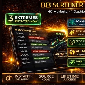 Peut inclure: Une interface numérique affiche des données de marché en temps réel, avec le texte "BB Screener Pro" et "40 Marchés 1 Tableau de bord". L'écran affiche des symboles de devises et des statuts, avec des alertes mises en évidence. Le texte inclut "Scanner 40 actifs".