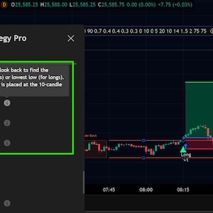 May include: A digital trading interface titled ORB Order Block Breakout Strategy Pro displaying a settings menu with input fields for Lookback Period, Stop-Loss Offset, and Risk-Reward Ratio alongside a candlestick chart showing price movements.