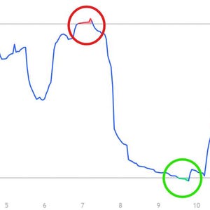 May include: A blue line graph titled RSI-VWAP Signal Pro 17 5 95 showing numerical values on the vertical axis from 0.00 to 100.00. A red circle highlights a peak in the data, while a green circle highlights a low point in the blue line.